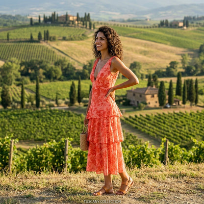 Vibrant Coral Floral Summer Dress for Weddings and Cocktail Events