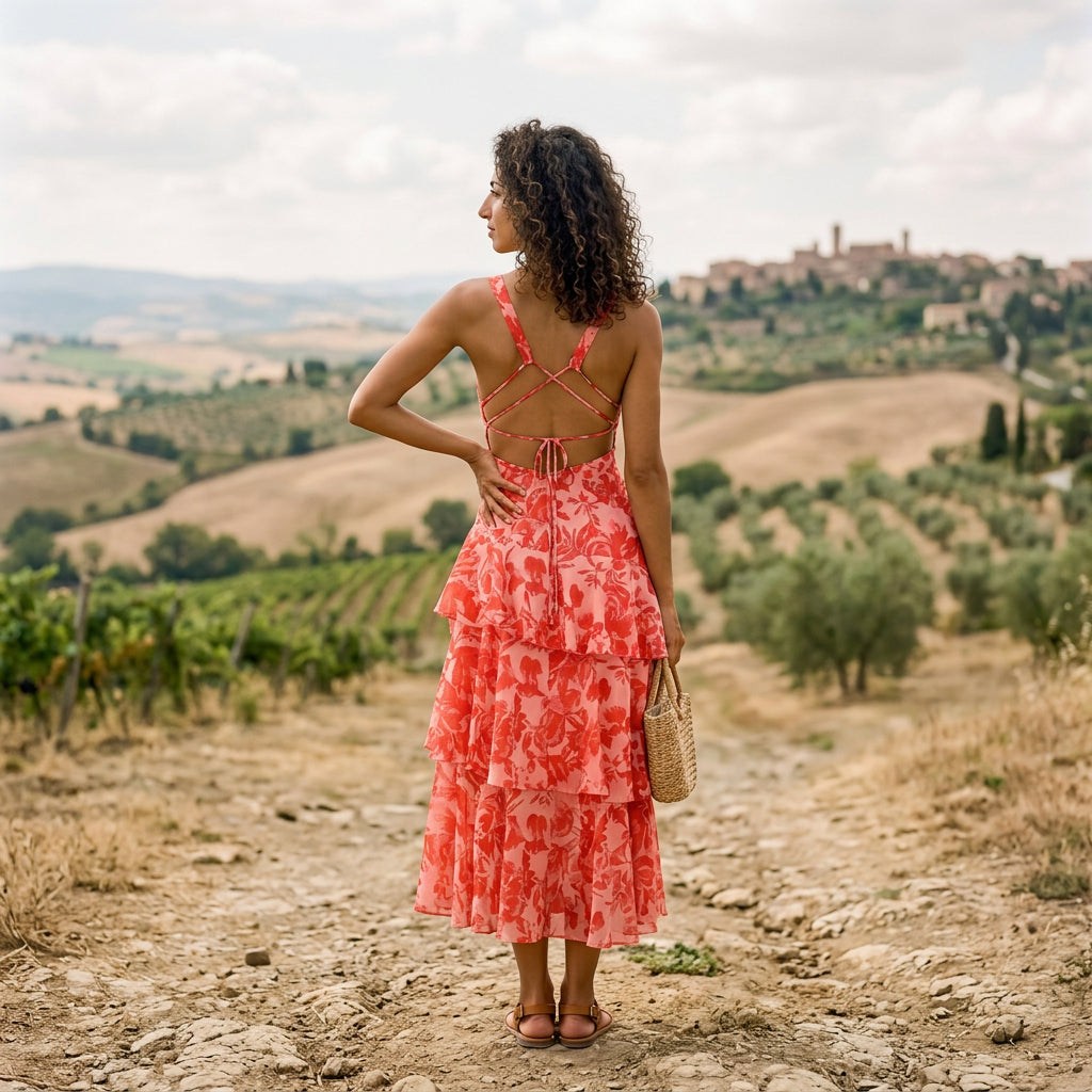 Vibrant Coral Floral Summer Dress for Weddings and Cocktail Events
