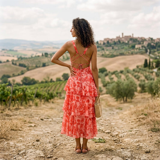 Vibrant Coral Floral Summer Dress for Weddings and Cocktail Events