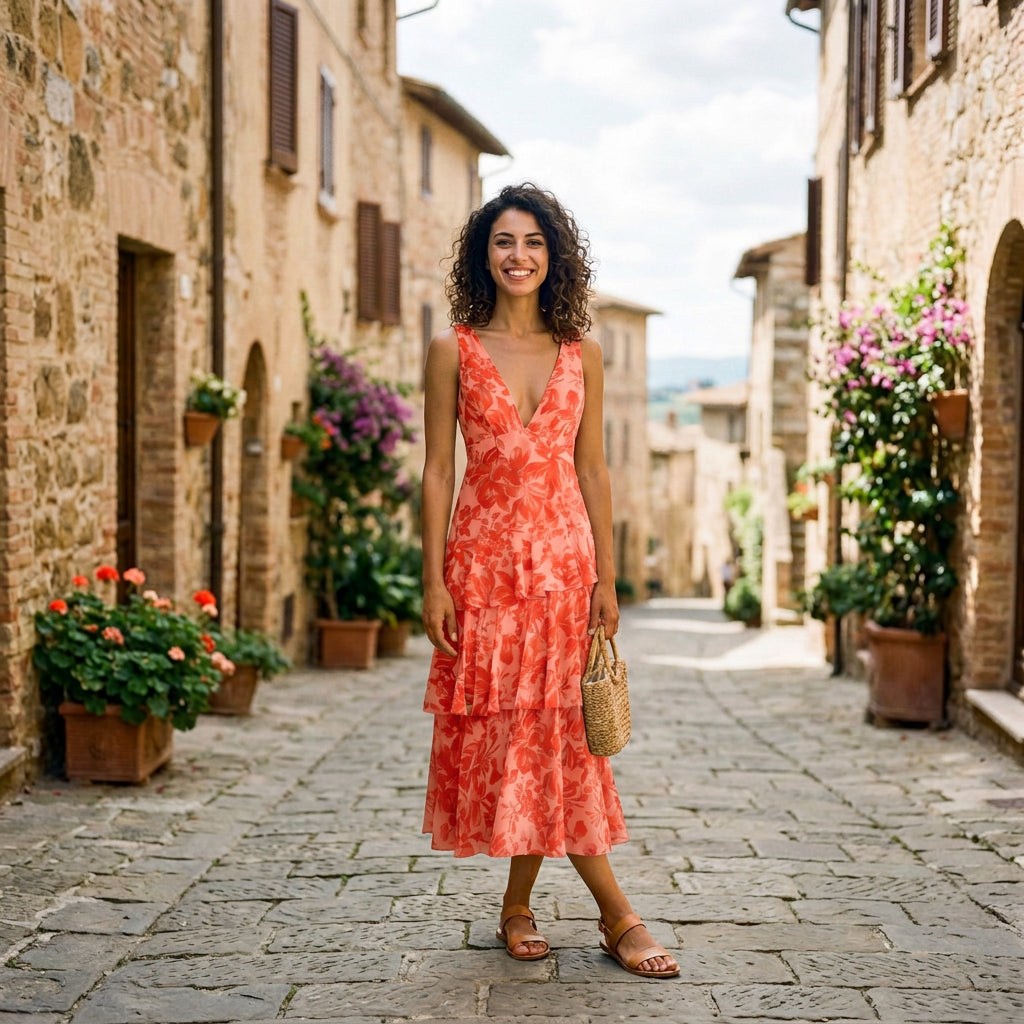 Vibrant Coral Floral Summer Dress for Weddings and Cocktail Events