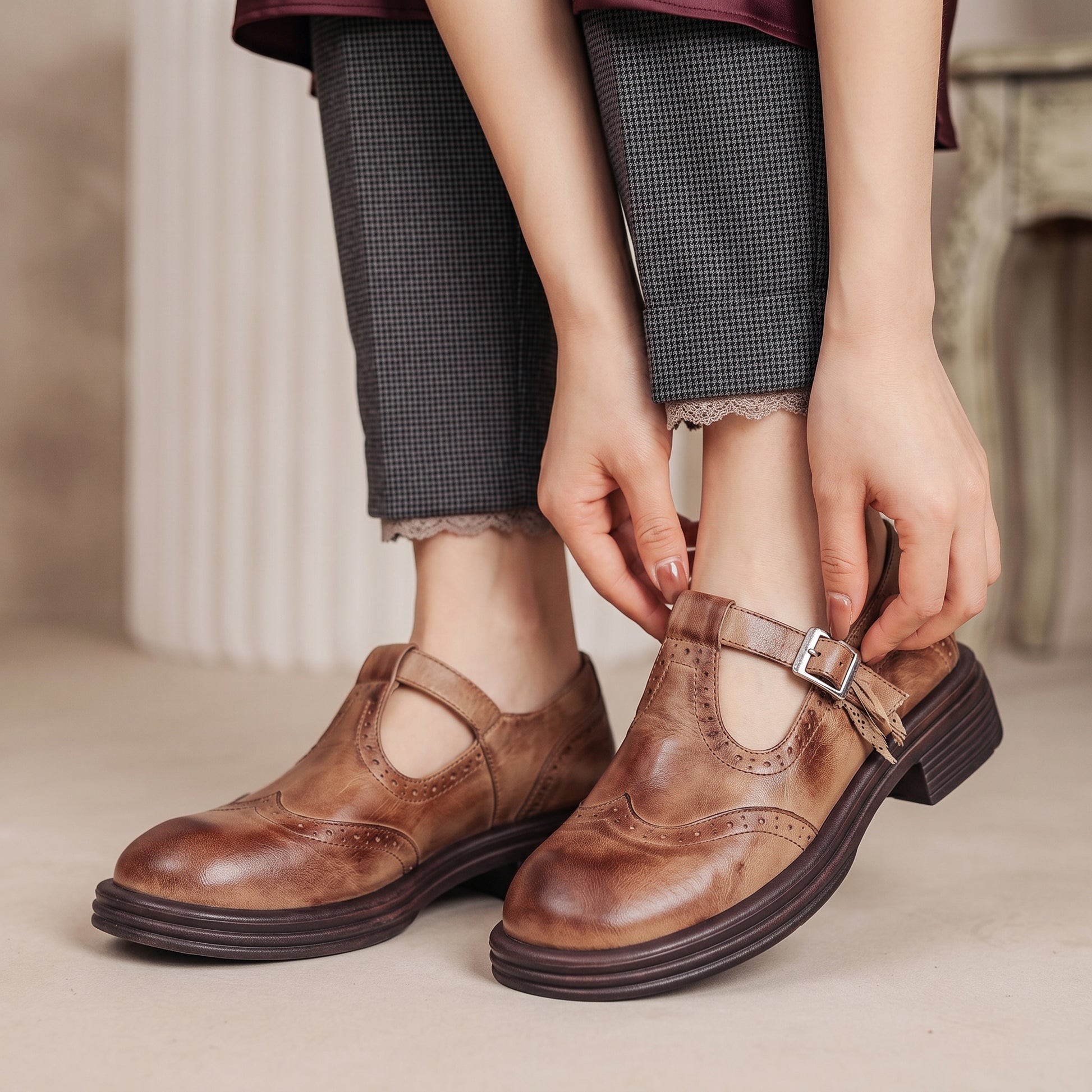 Vintage Black Flats for Women with Buckle Strap
