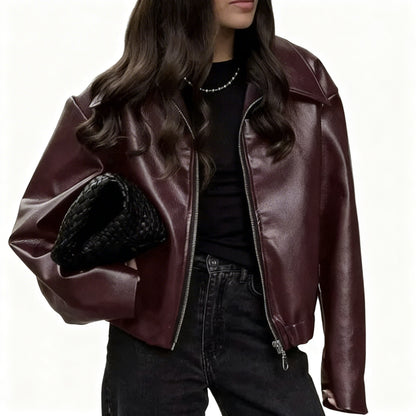 Women's Faux Leather Jacket with Zipper & Tailored Fit