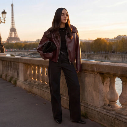 Women's Faux Leather Jacket with Zipper & Tailored Fit