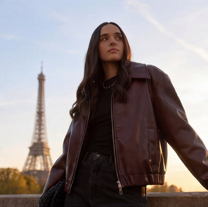 Women's Faux Leather Jacket with Zipper & Tailored Fit