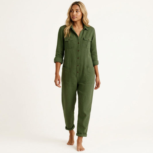 Women's Jumpsuit with Button Front & Adjustable Sleeves