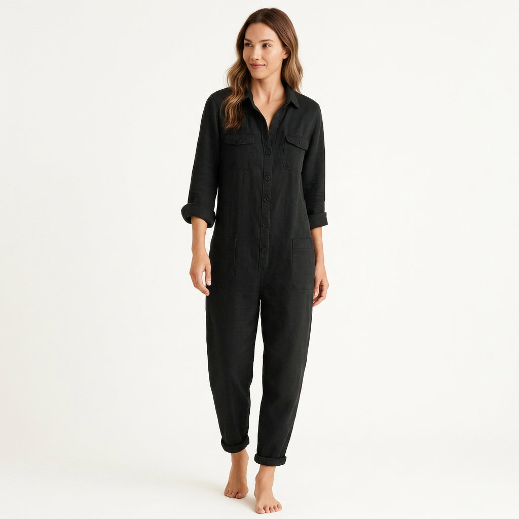 Women's Jumpsuit with Button Front & Adjustable Sleeves