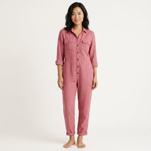 Women's Jumpsuit with Button Front & Adjustable Sleeves