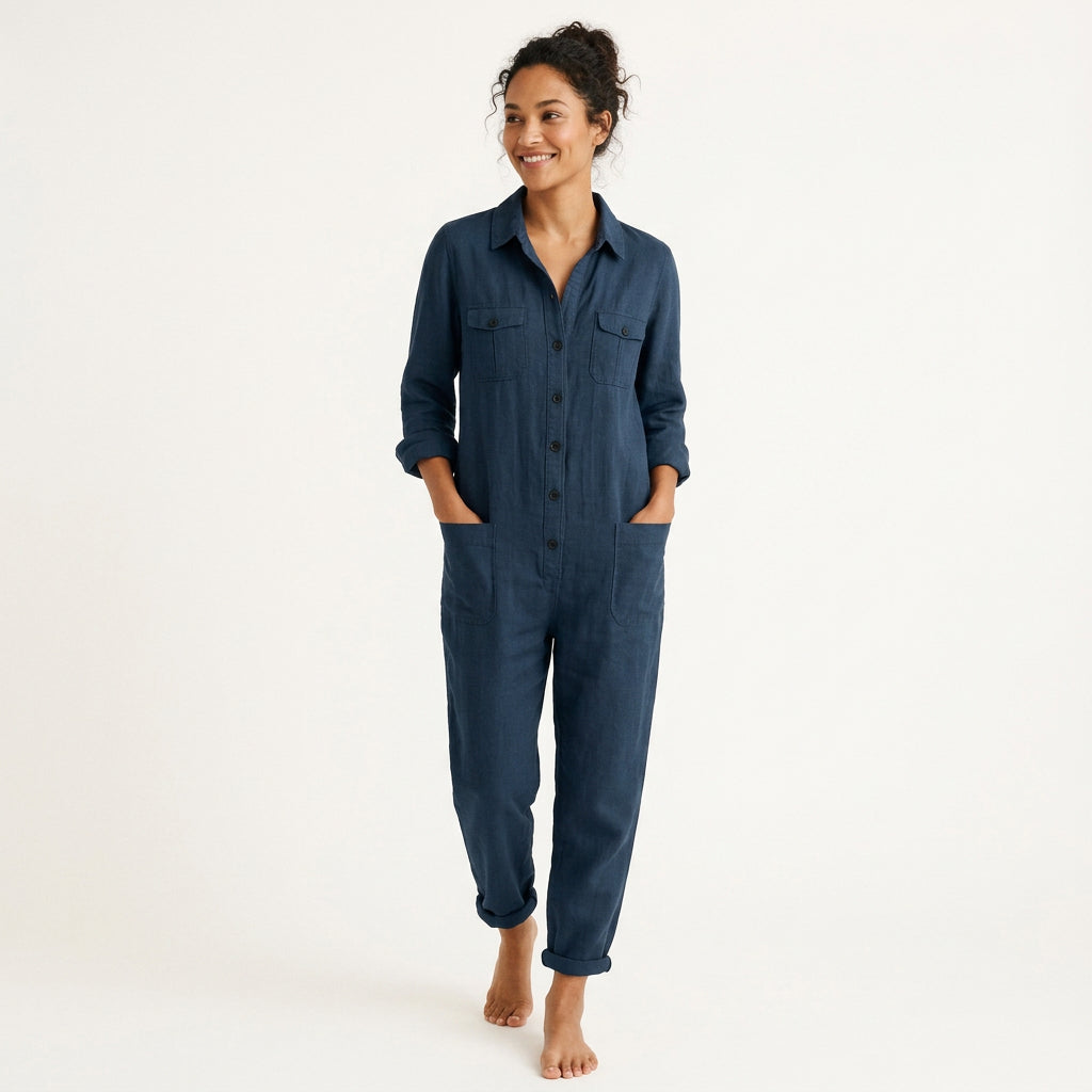 Women's Jumpsuit with Button Front & Adjustable Sleeves