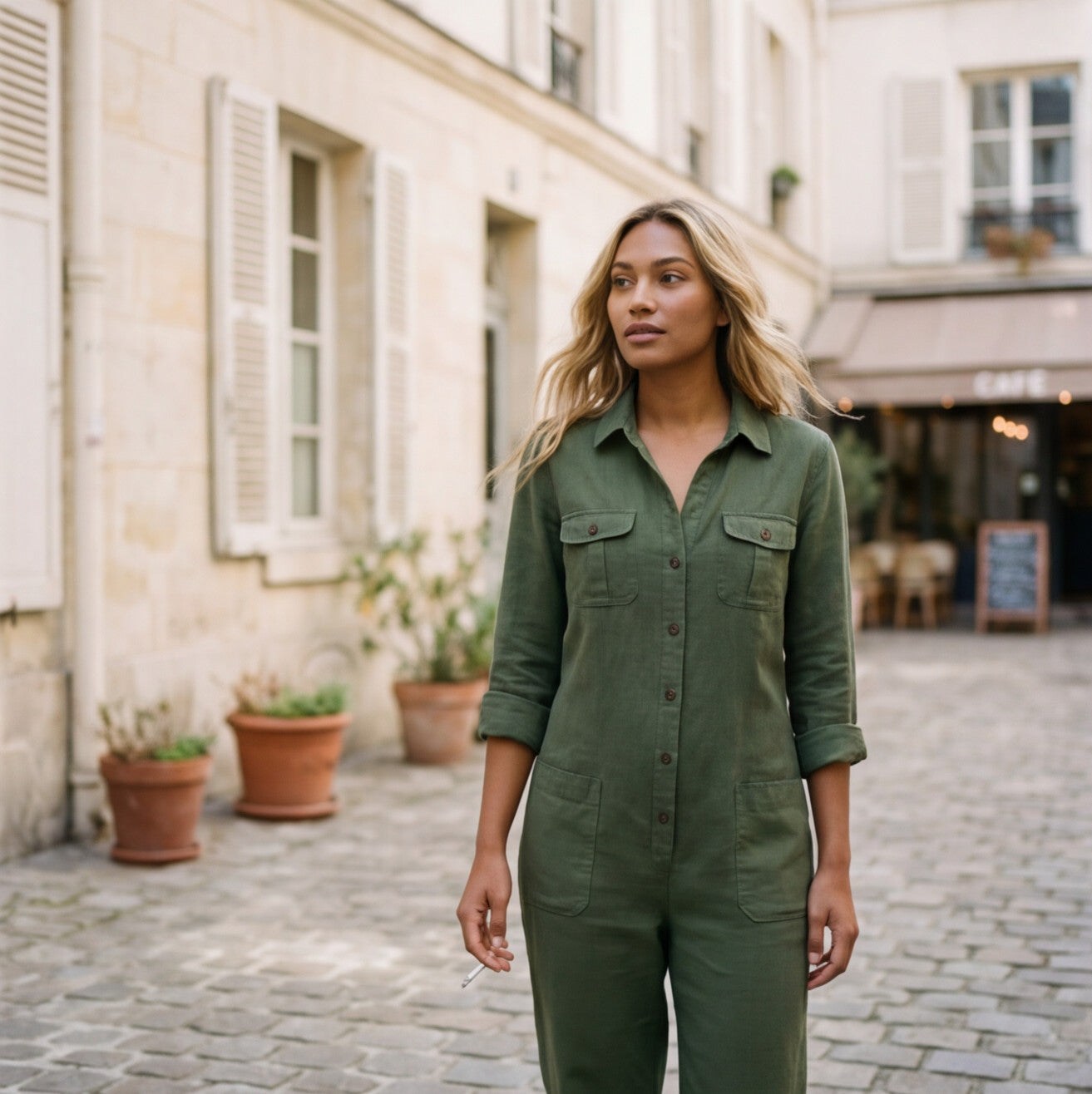 Women's Jumpsuit with Button Front & Adjustable Sleeves