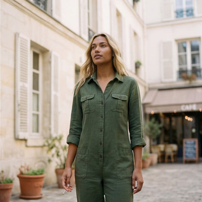 Women's Jumpsuit with Button Front & Adjustable Sleeves