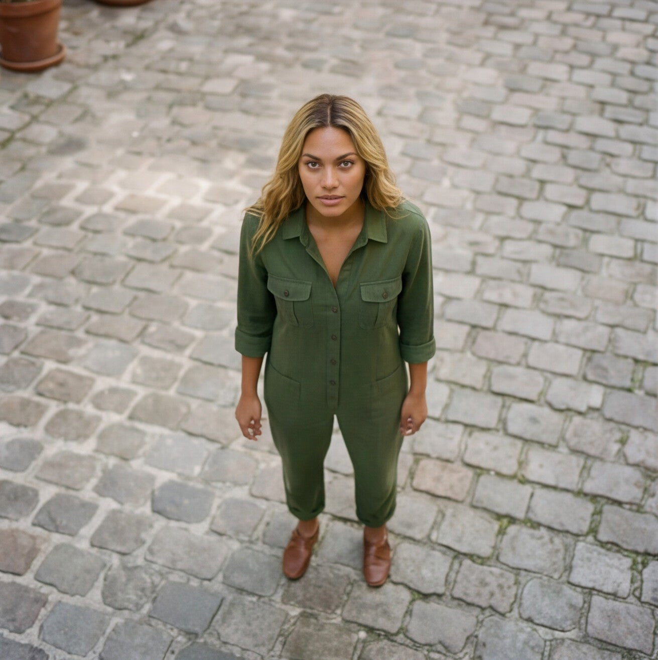 Women's Jumpsuit with Button Front & Adjustable Sleeves