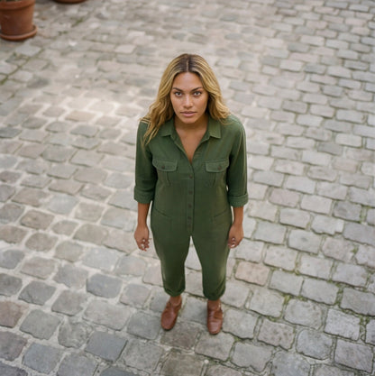 Women's Jumpsuit with Button Front & Adjustable Sleeves