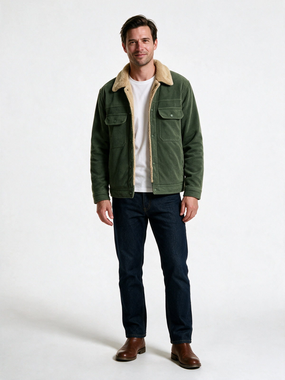 Alexander - Textured Snap-Front Jacket with Plush Collar for Men - Olive Green