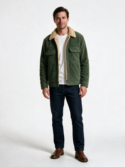 Alexander - Textured Snap-Front Jacket with Plush Collar for Men - Olive Green