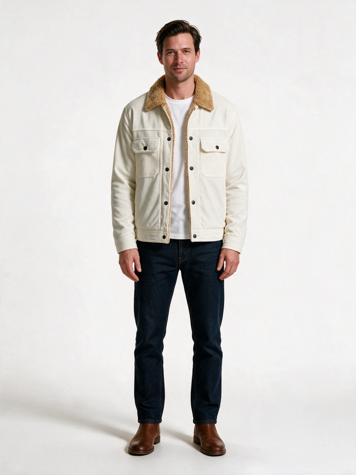 Alexander - Textured Snap-Front Jacket with Plush Collar for Men - White
