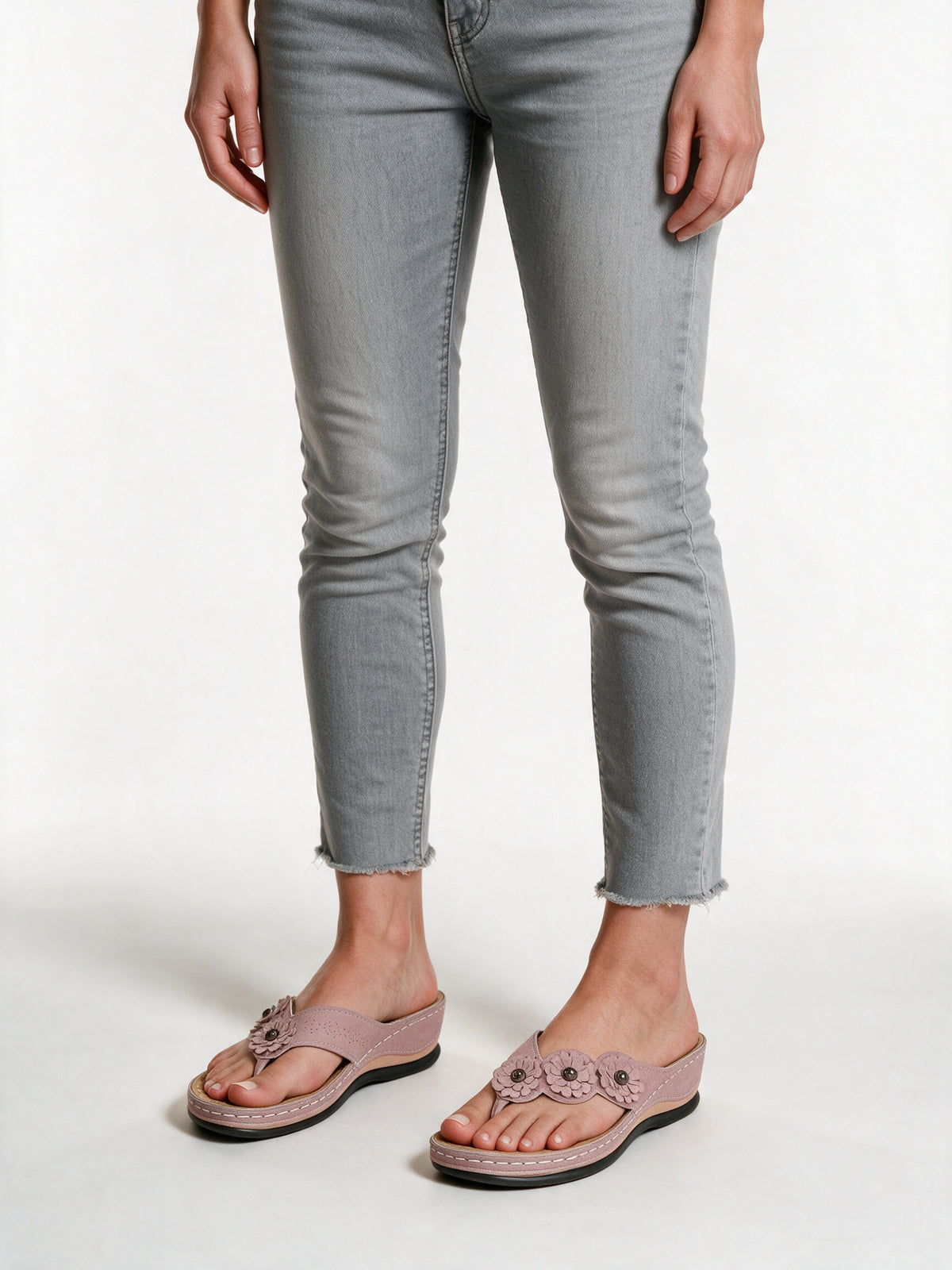Alexis - Flower Trim Wedge Thong Sandals - Pink