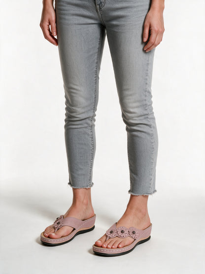 Alexis - Flower Trim Wedge Thong Sandals - Pink