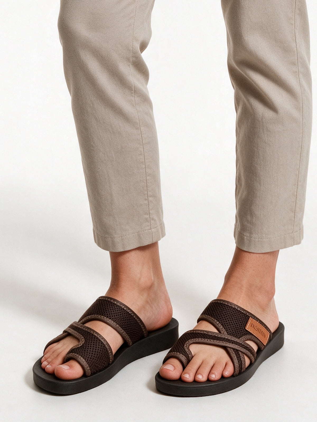 Alma - Women's Crisscross Toe Loop Flat Sandals - Brown