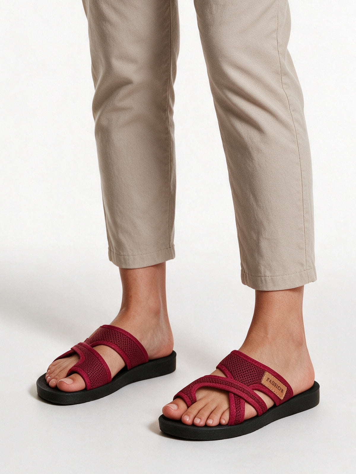 Alma - Women's Crisscross Toe Loop Flat Sandals - Burgundy