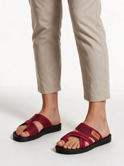 Alma - Women's Crisscross Toe Loop Flat Sandals - Burgundy