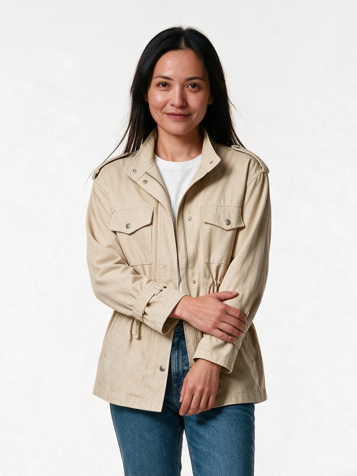 Amara - Soft Ladies Utility Jacket with Adjustable Fit - Cream