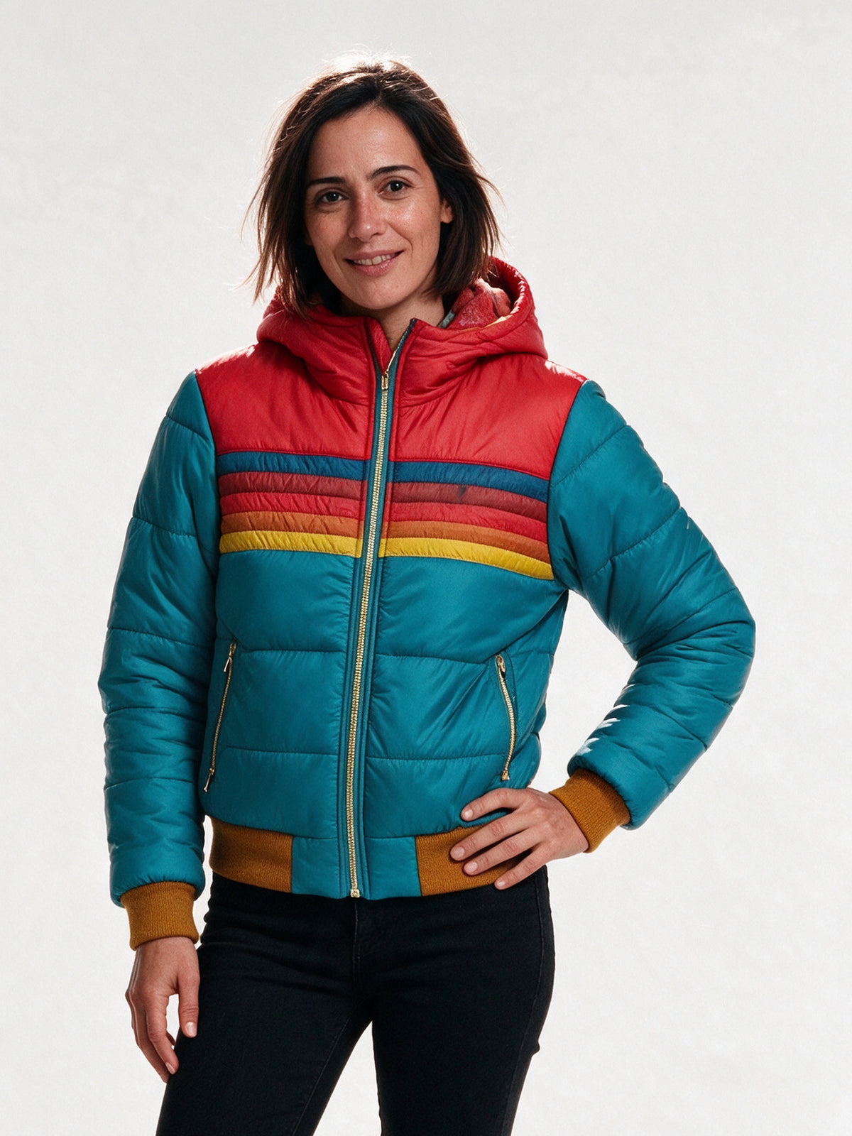 Amara - Stylish Retro Striped Puffer Jacket for Winter - Azure