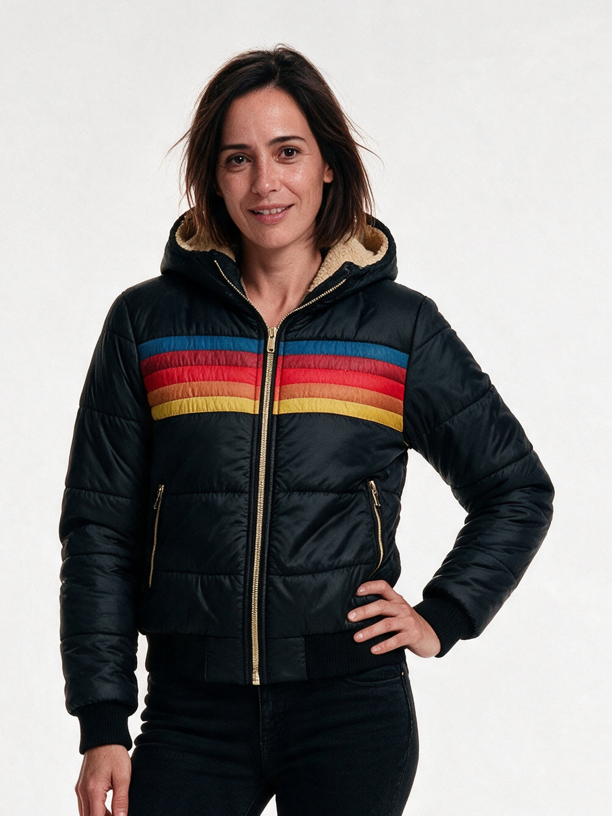 Amara - Stylish Retro Striped Puffer Jacket for Winter - Black