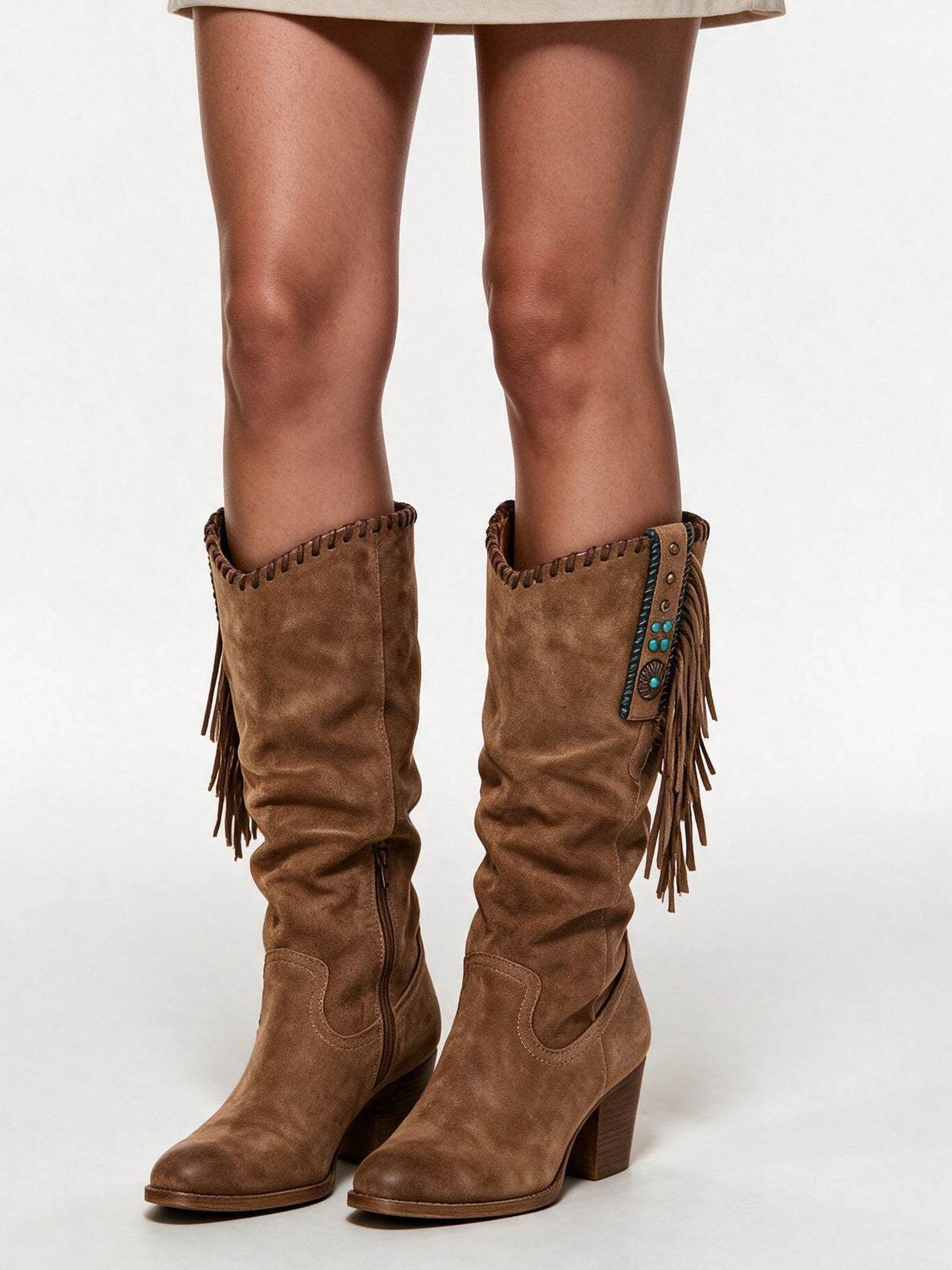 Amara - Stylish Women's Knee High Boots with Fringe Detail - Brown