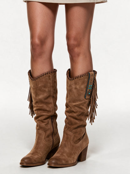 Amara - Stylish Women's Knee High Boots with Fringe Detail - Brown