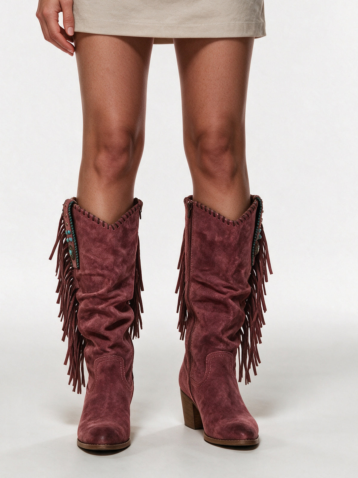 Amara - Stylish Women's Knee High Boots with Fringe Detail - Red
