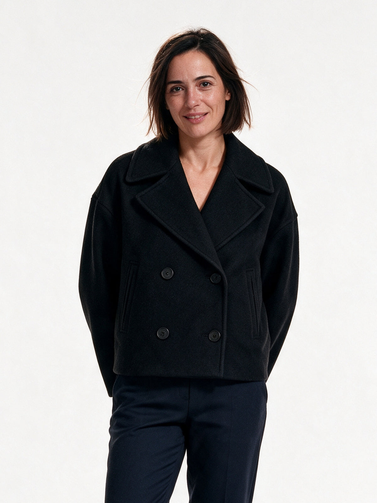 Amelia - Double-Breasted Soft-Blend Coat - Black