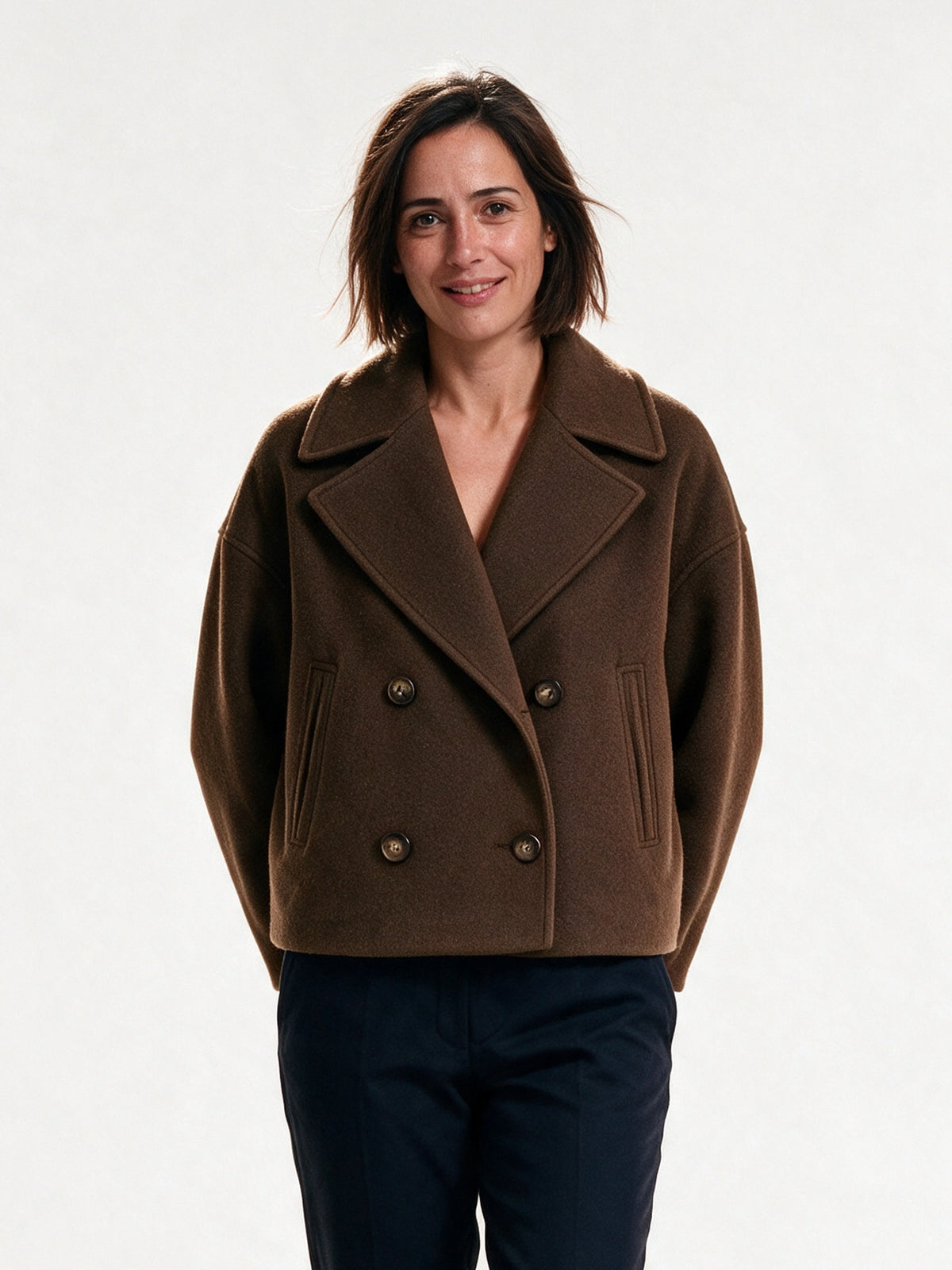 Amelia - Double-Breasted Soft-Blend Coat - Brown