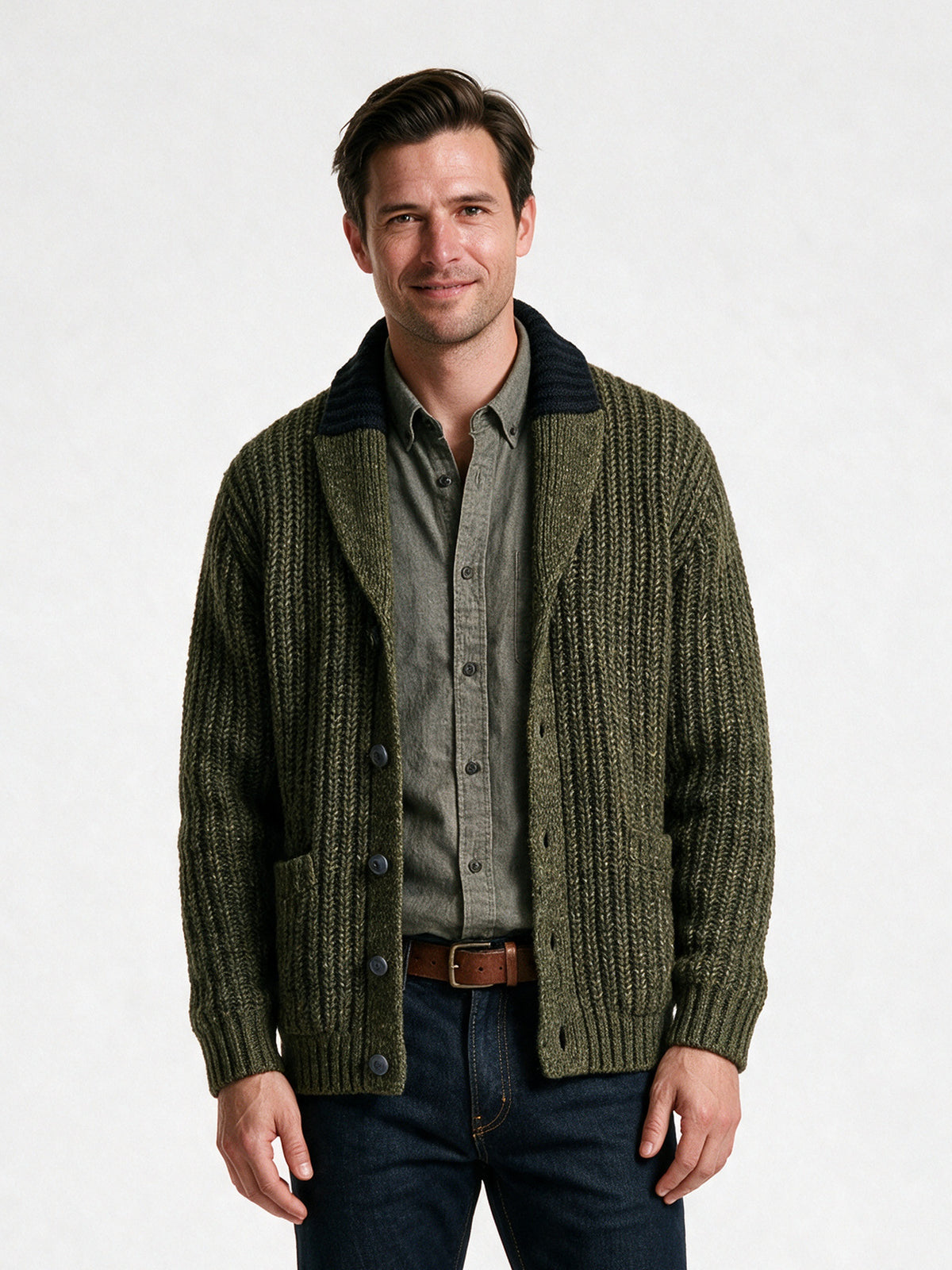 Amelia - Elegant Wool Blend Knitted Cardigan Sweater - Olive Green