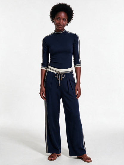 Amelia - Sporty Two Piece Set with Wide-Leg Pants - Navy