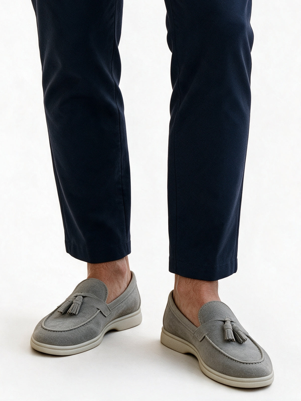 Vitor - Men's Tassel Loafers with White Sole - Light Grey