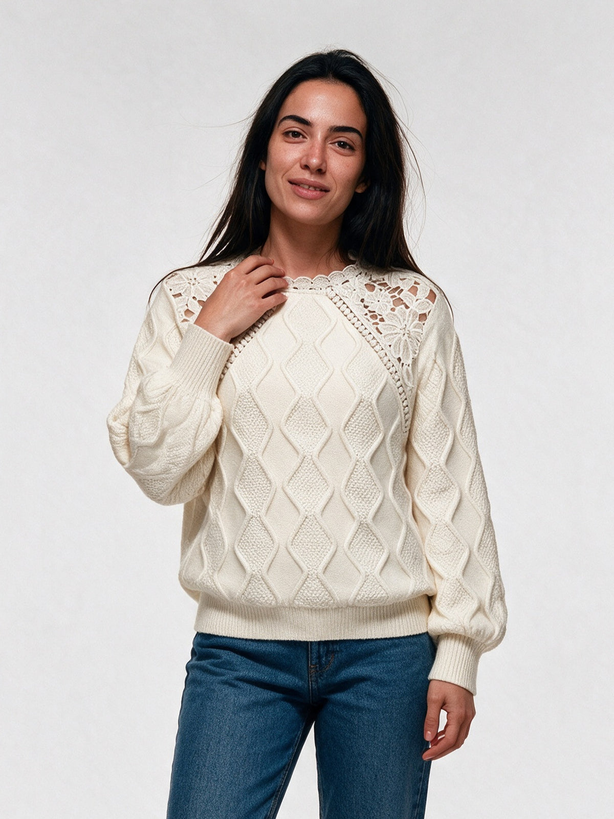 Annabel - Women's Openwork Shoulder Cable Knit Sweater - view 1