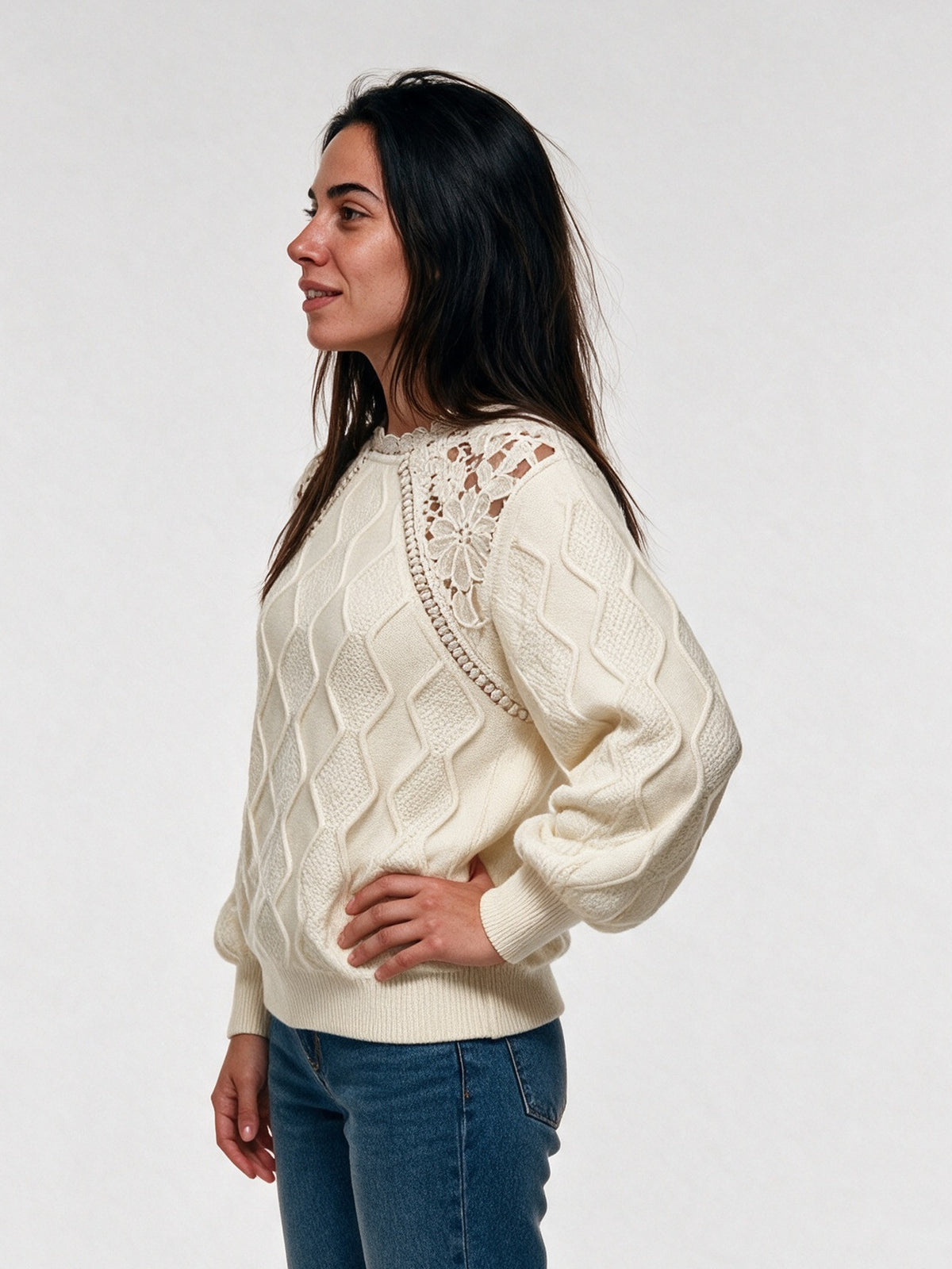 Annabel - Women's Openwork Shoulder Cable Knit Sweater - view 2