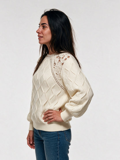 Annabel - Women's Openwork Shoulder Cable Knit Sweater - view 2