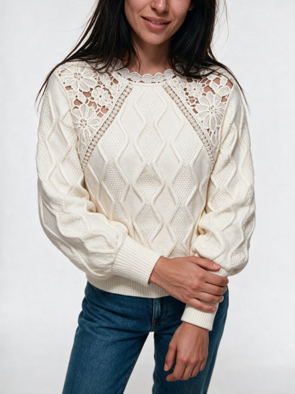 Annabel - Women's Openwork Shoulder Cable Knit Sweater - view 3