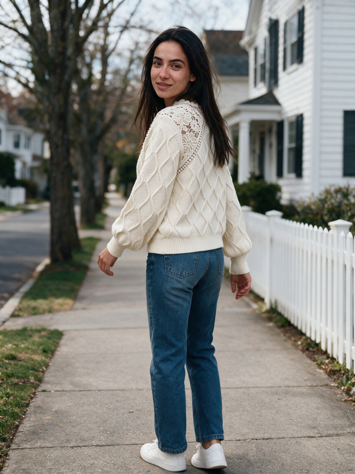 Annabel - Women's Openwork Shoulder Cable Knit Sweater - view 4