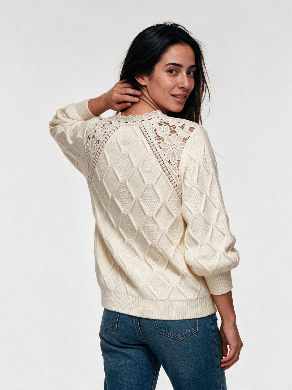 Annabel - Women's Openwork Shoulder Cable Knit Sweater - view 5