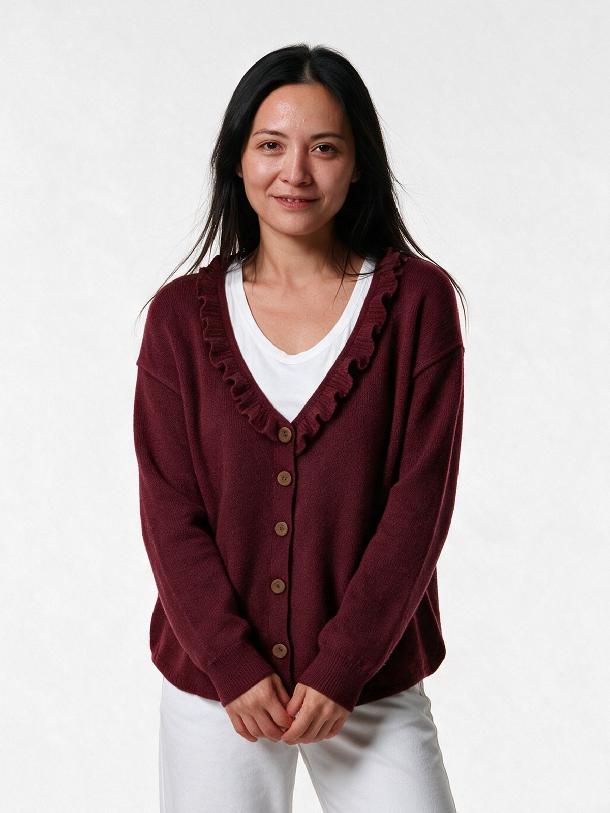 Annika - Women's Ruffle Collar Knit Cardigan - Burgundy
