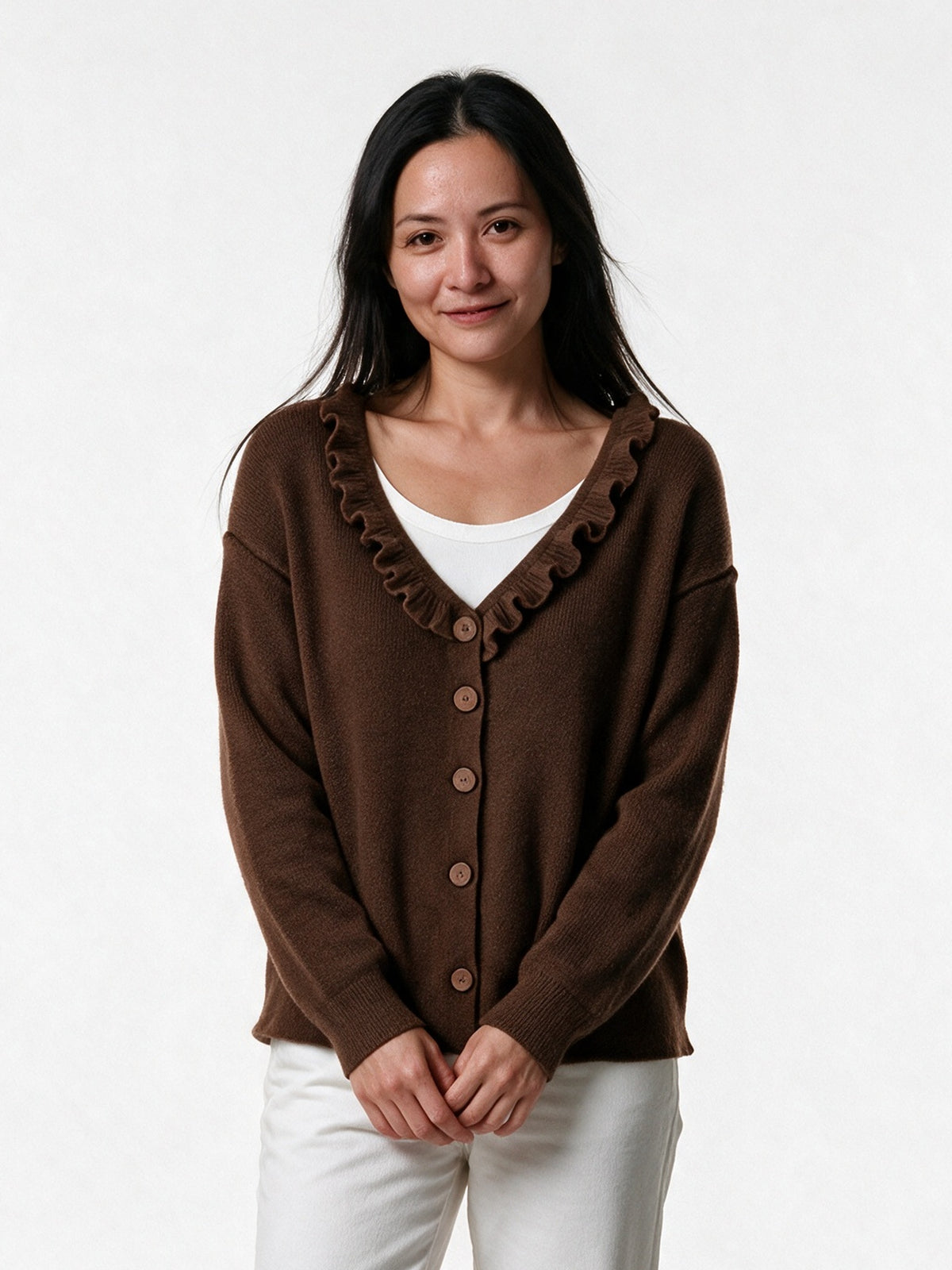 Annika - Women's Ruffle Collar Knit Cardigan - Chocolate