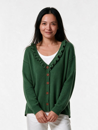 Annika - Women's Ruffle Collar Knit Cardigan - Green
