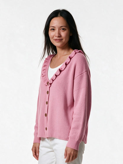 Annika - Women's Ruffle Collar Knit Cardigan - view 2