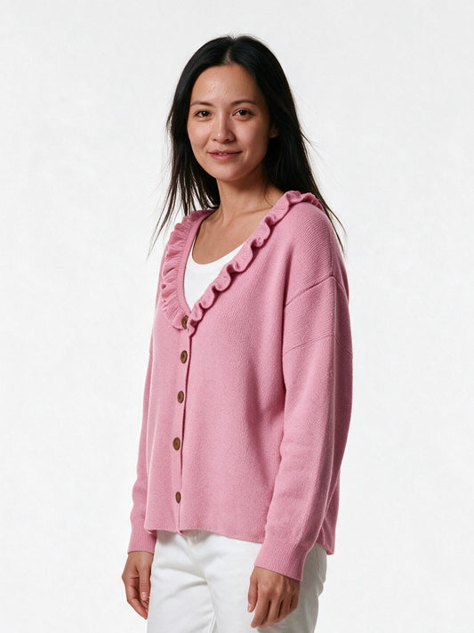 Annika - Women's Ruffle Collar Knit Cardigan - view 2