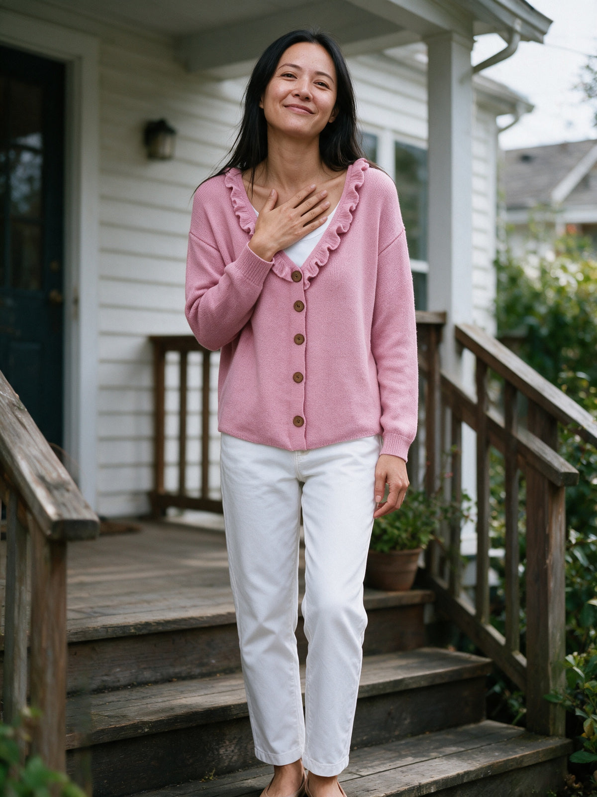 Annika - Women's Ruffle Collar Knit Cardigan - view 4