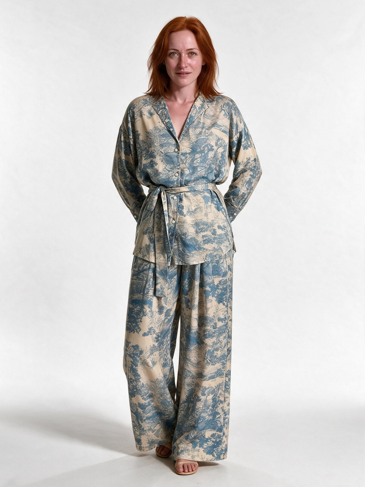 Anouk - Women's Printed Belted Shirt and Wide Leg Pants Set - view 1