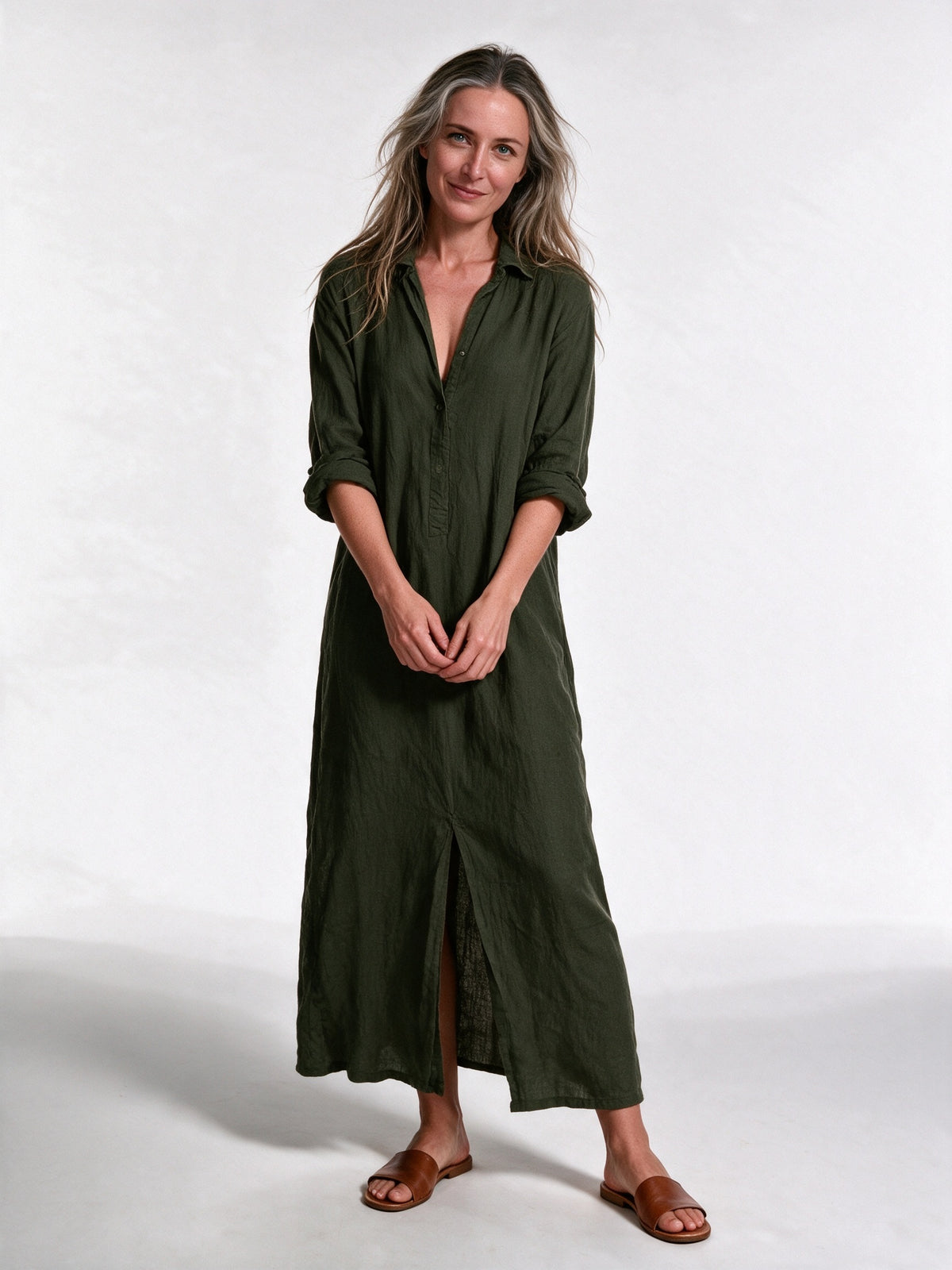 Astrid - Women's Collared Maxi Shirt Dress with Side Slits - Army Green