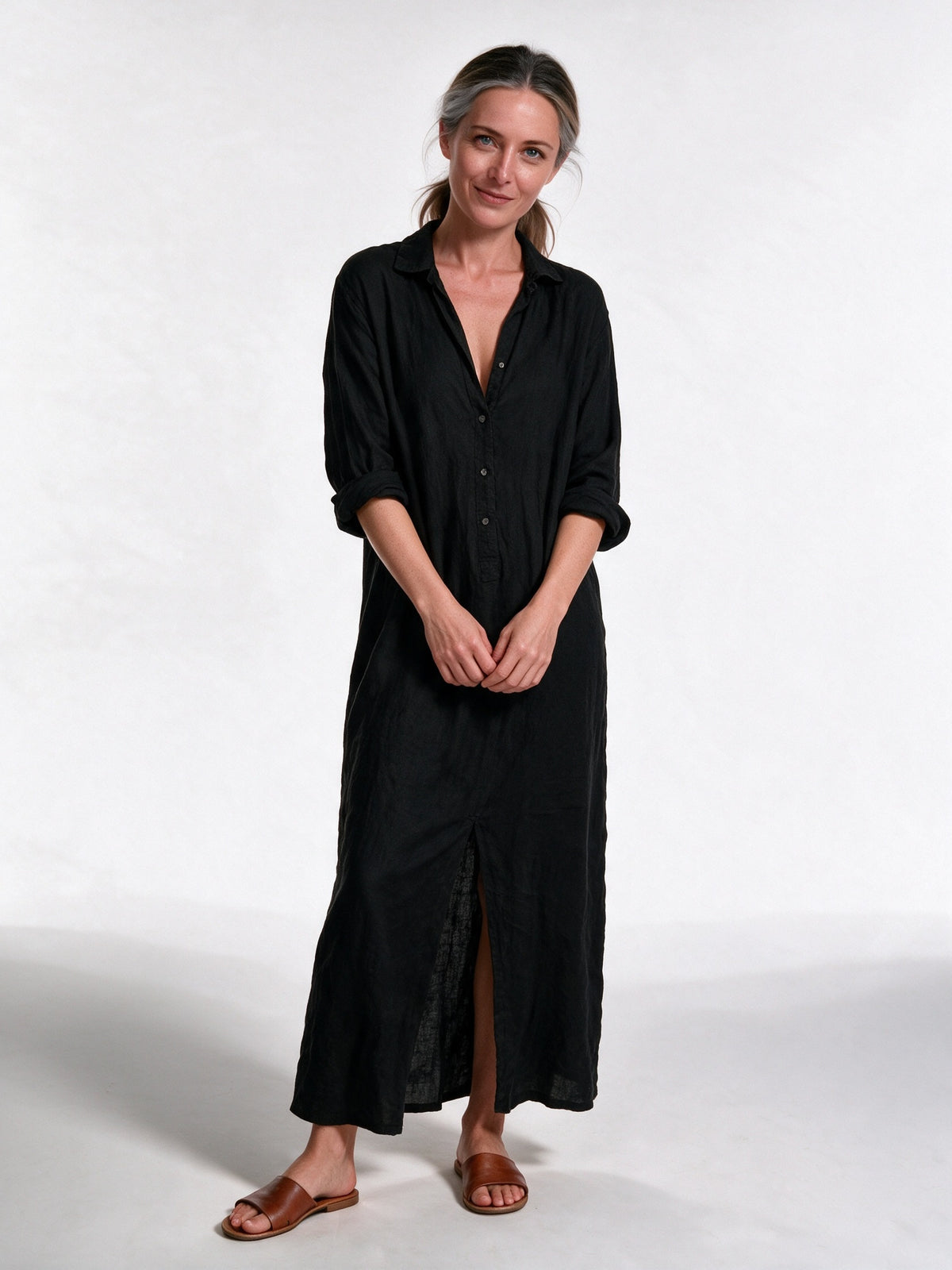 Astrid - Women's Collared Maxi Shirt Dress with Side Slits - Black